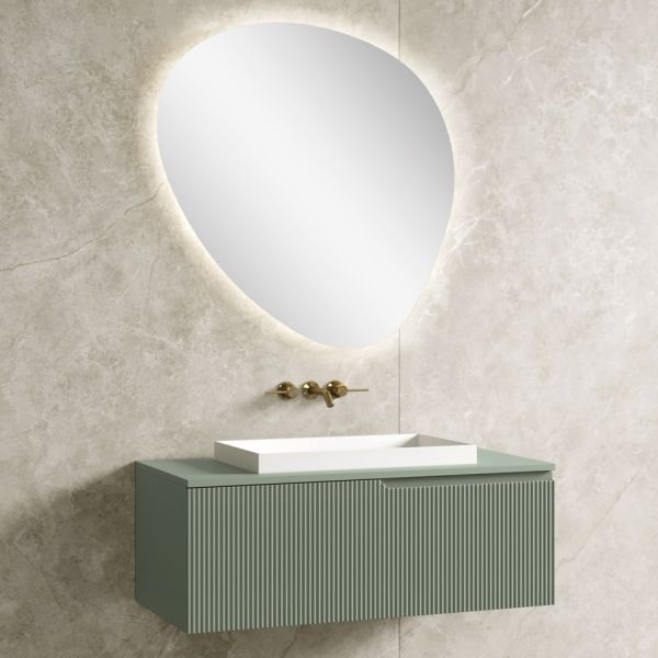Badezimmerkomposition in salbeigrün mit kunstharzwaschbecken, hergestellt in italien – artemide