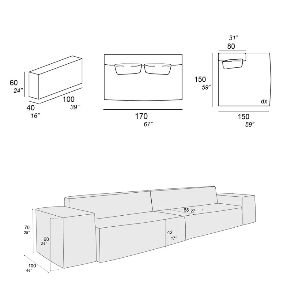 Zusammensetzung aus 1 Sofa, 1 Armlehne und 1 Halbinsel - Bizarre Viadurini