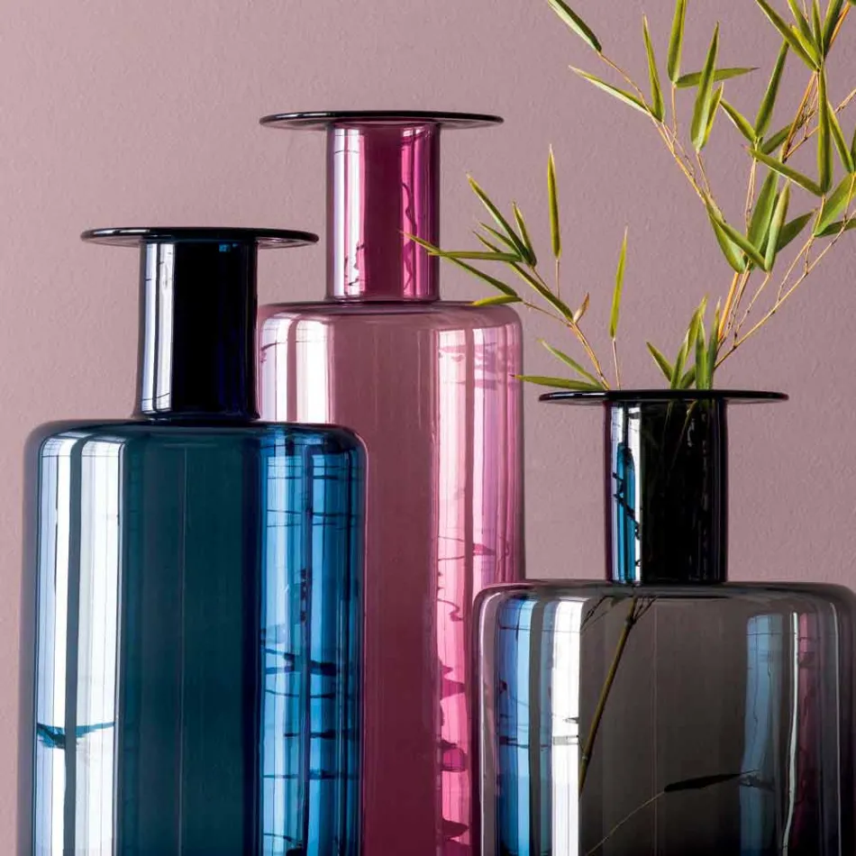 Zusammensetzung von 3 dekorativen Vasen aus Rauchglas, Blau und Amethystglas - Infinity Viadurini
