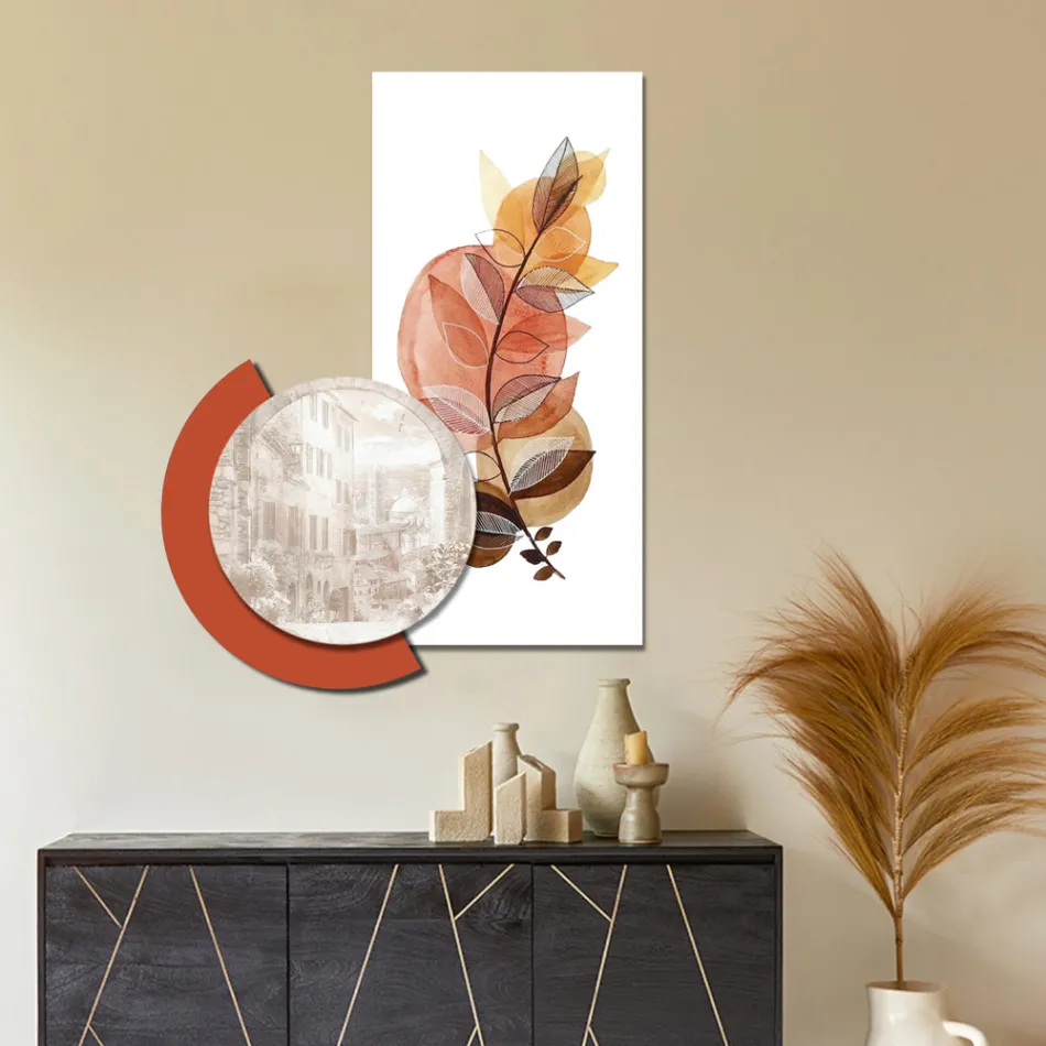 Komposition aus Holzgemälden mit Stadt- und Zweigdrucken, hergestellt in Italien – Chile Viadurini