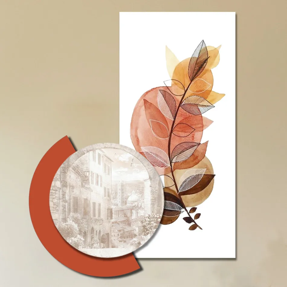 Komposition aus Holzgemälden mit Stadt- und Zweigdrucken, hergestellt in Italien – Chile Viadurini