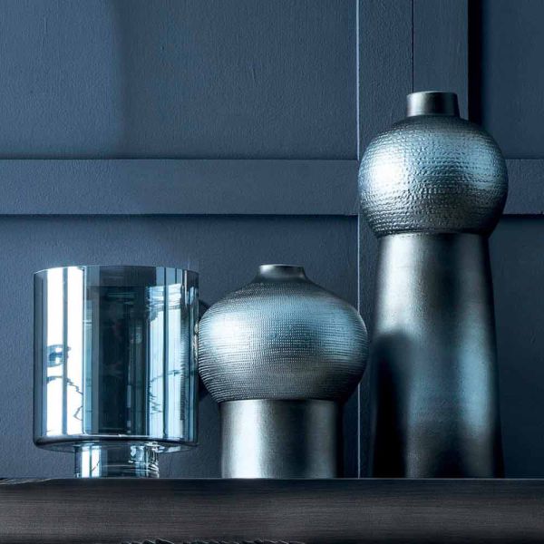 Zusammensetzung von 3 dekorativen vasen aus dekorierter keramik und rauchglas - monile