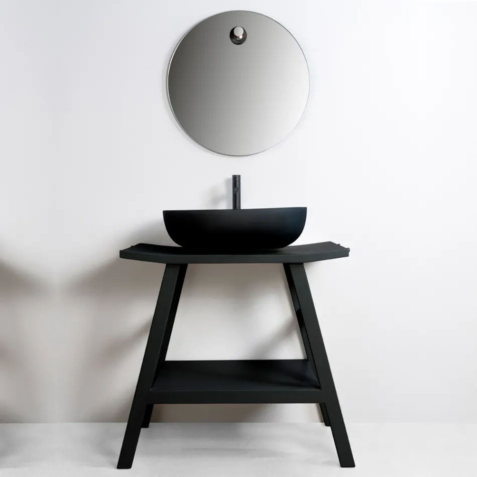 Schwarze Badezimmerschrank-Komposition mit großem Regal und Zubehör - Patryk Viadurini