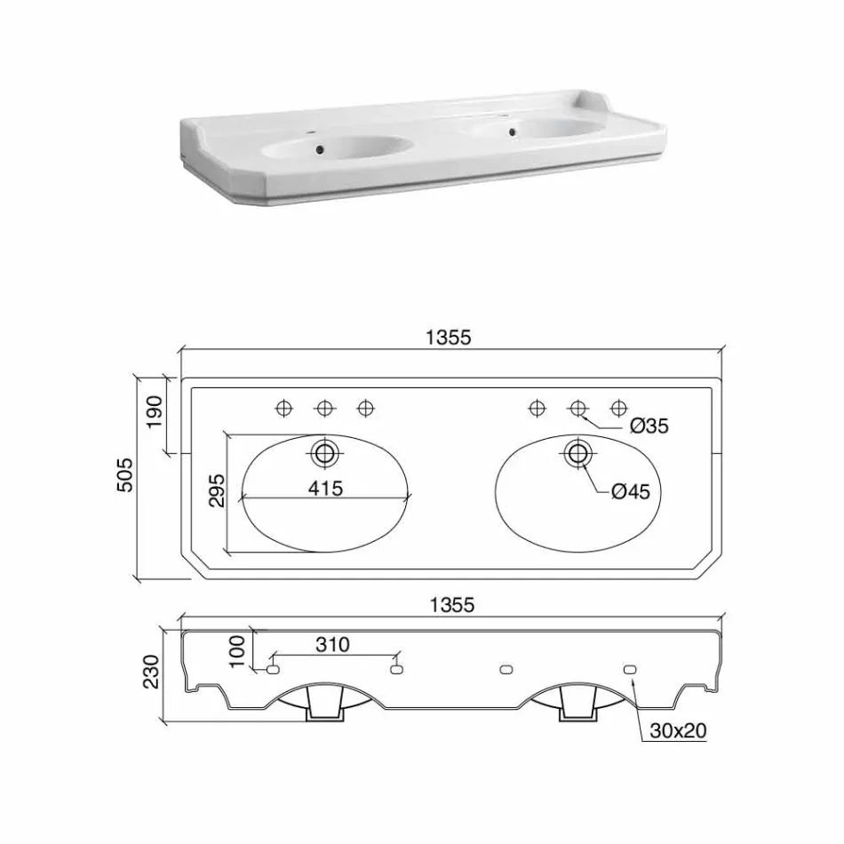 Badezimmerkonsole L 135 cm mit Doppelschale aus Keramik Made in Italy - Nausica Viadurini