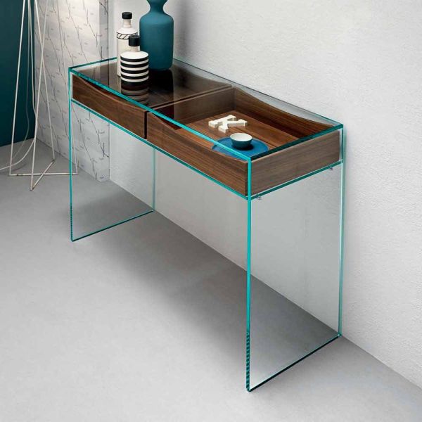 Eingangskonsole aus extra klarem glas mit 2 schubladen aus nussbaum canaletto - selex