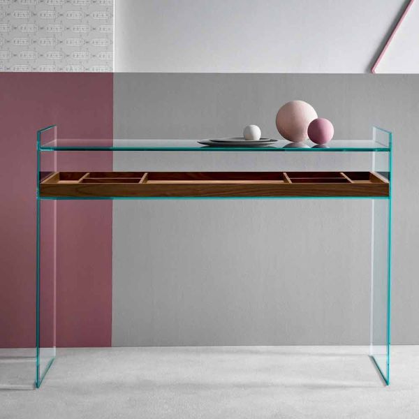 Design consolle aus extraklarem glas mit tablett made in italy - imperativo