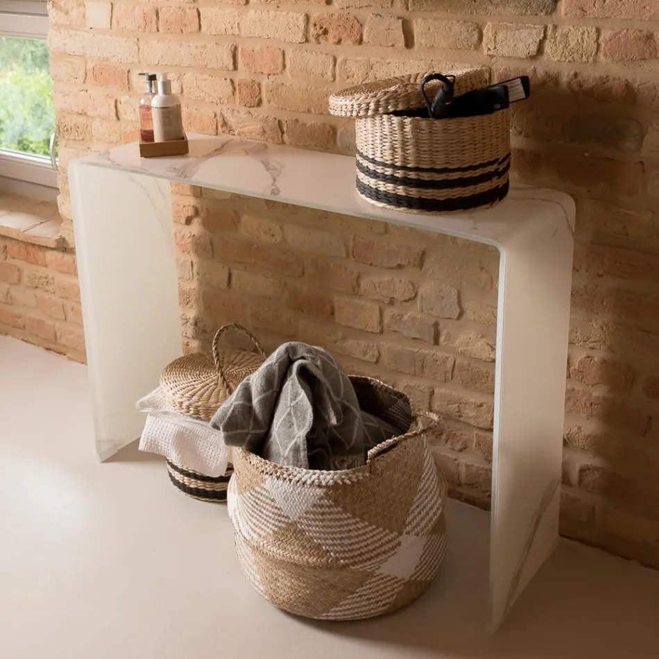 Konsolentisch aus 10 mm starkem, gehärtetem, gebogenem Glas mit Marmoroptik – Agordo Viadurini