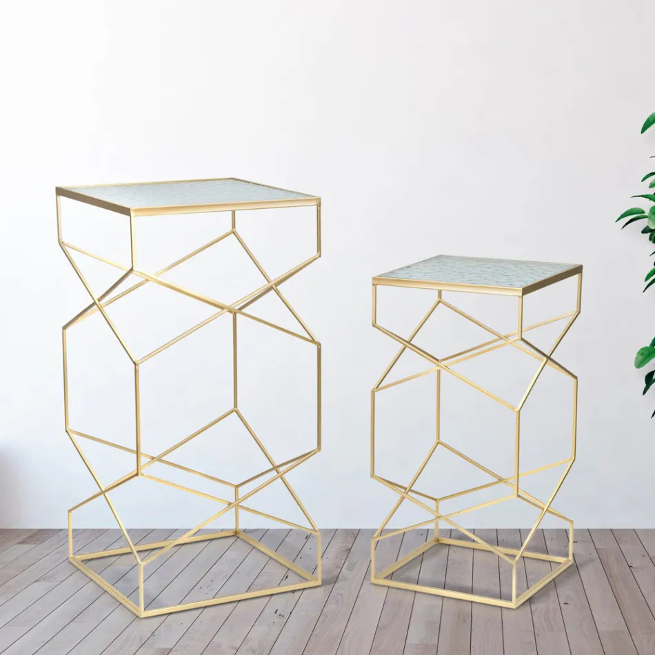 Paar quadratische Telefontische aus goldenem Eisen und Glasplatte - Pope Viadurini