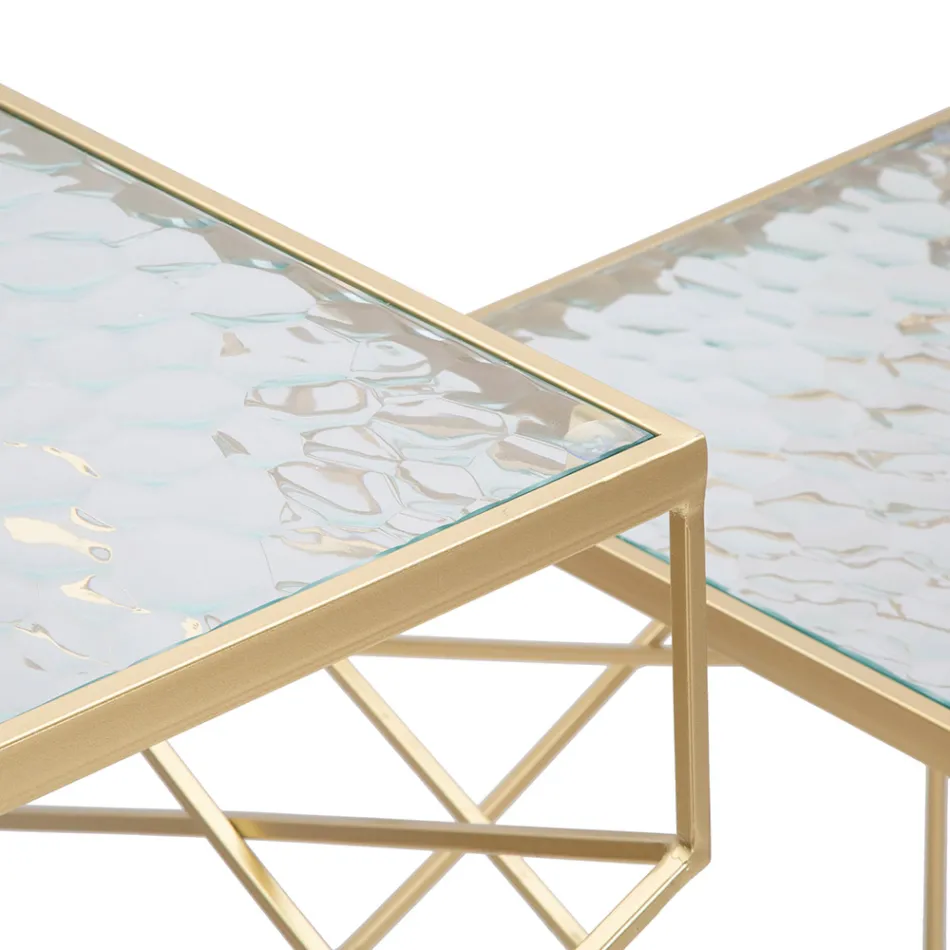 Paar quadratische Telefontische aus goldenem Eisen und Glasplatte - Pope Viadurini