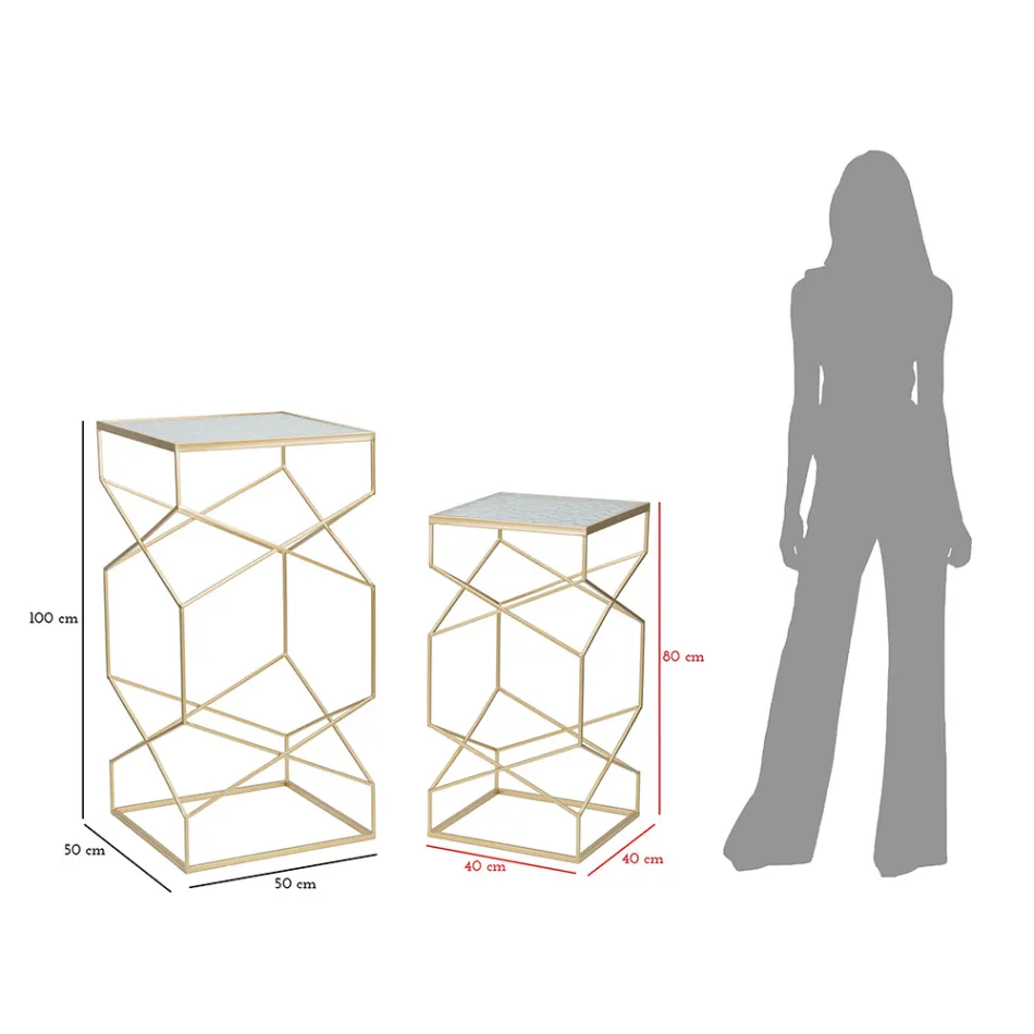 Paar quadratische Telefontische aus goldenem Eisen und Glasplatte - Pope Viadurini