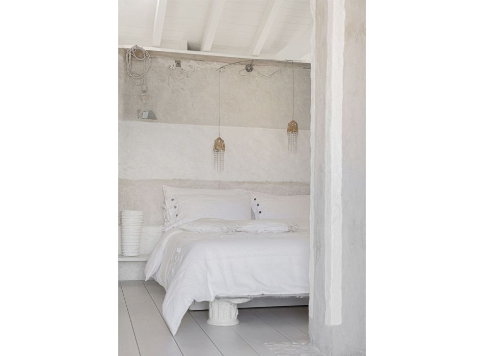 Doppelbett-Bettbezug aus Leinen mit Aufbewahrungstasche mit Spitzentropfen – Amadeus Viadurini