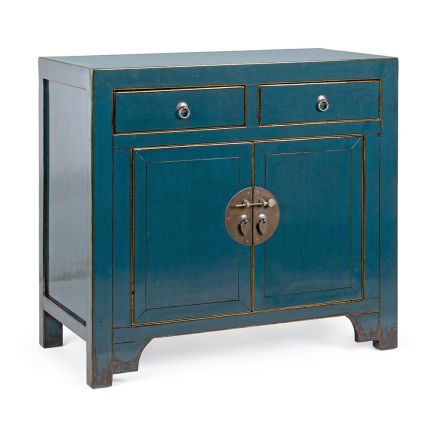 Niedriges Sideboard mit 2 Türen und 2 Schubladen aus blauem Ulmenholz Homemotion - Konan Viadurini