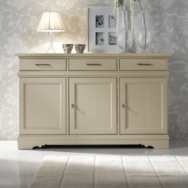 Sideboard mit 3 türen und 3 schubladen aus patiniertem elfenbein, hergestellt in italien – gleti