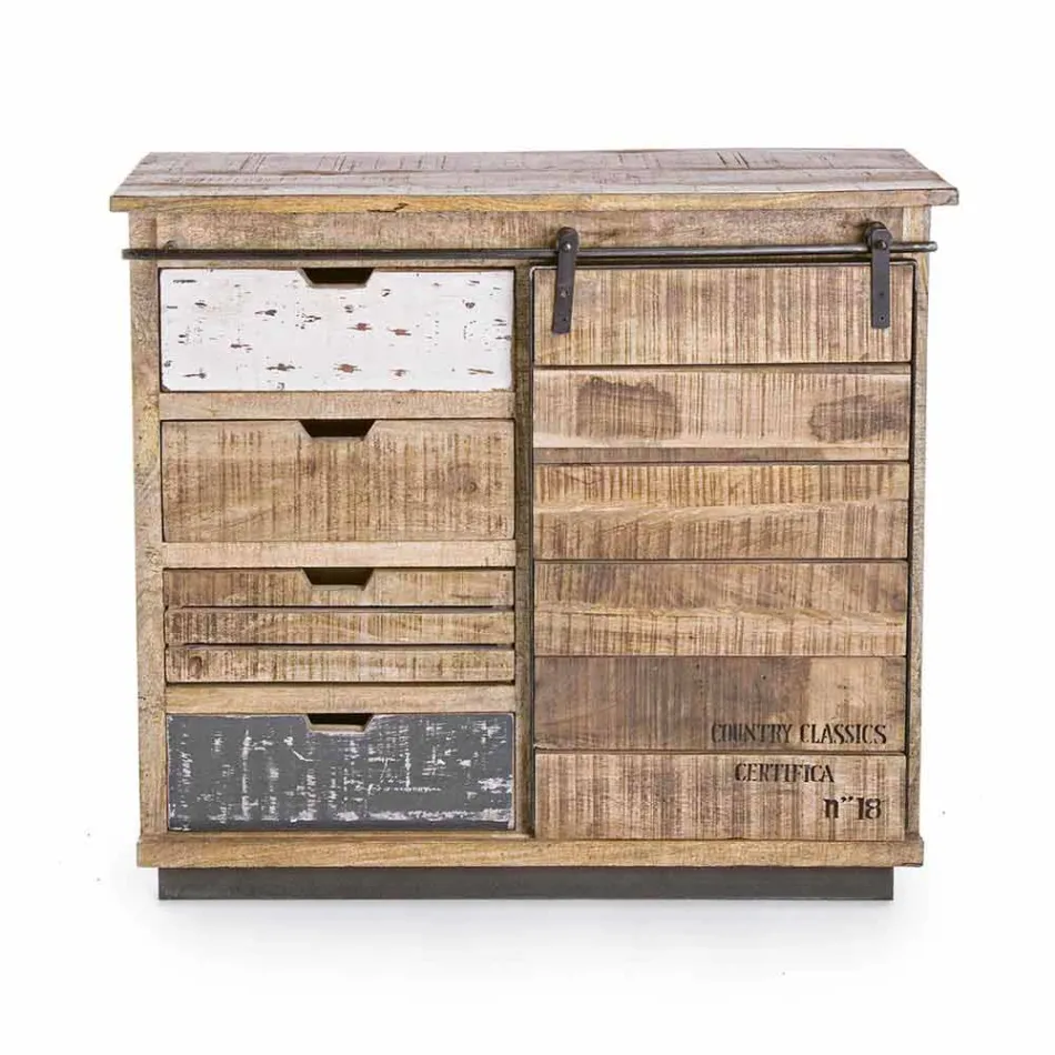 Sideboard aus Holz und Stahl mit Tür und 4 Schubladen im Industriestil - Renza Viadurini