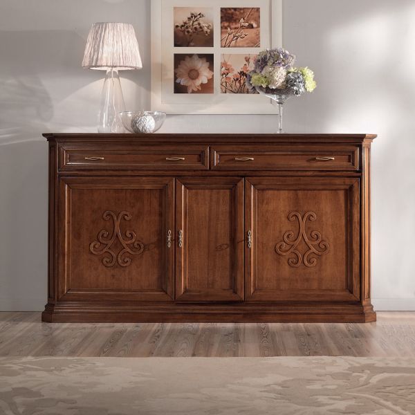 Sideboard aus patiniertem walnussholz mit liliendekor, hergestellt in italien – kirsche