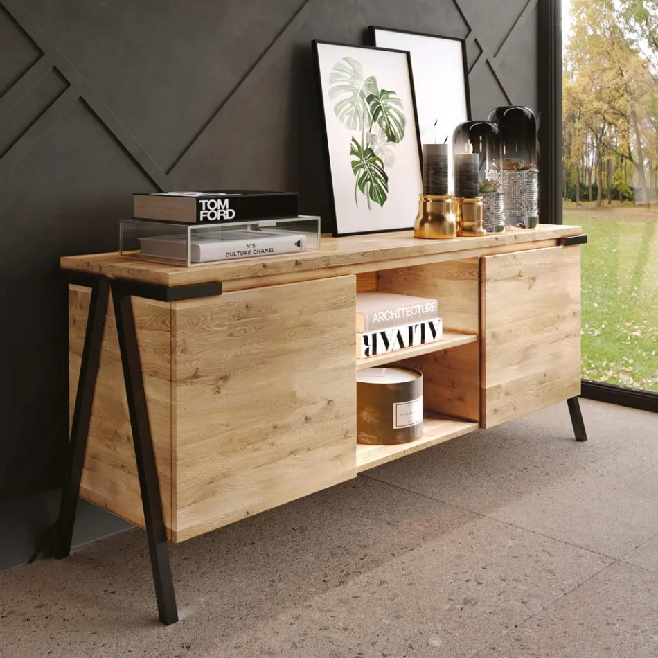 Sideboard aus Eichenholz und Metall mit 2 Türen und offenem Fach Made in Italy - Jennifer Viadurini