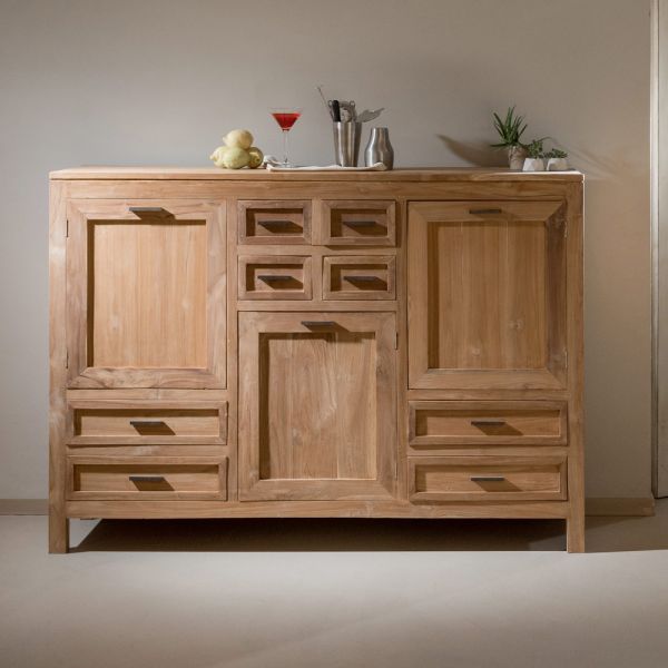 Sideboard aus massivem teakholz mit 3 türen und 8 schubladen - quan
