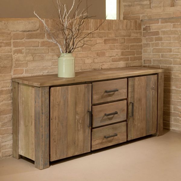 Living sideboard mit 2 türen und 3 zentralen schubladen aus recyceltem holz - slide