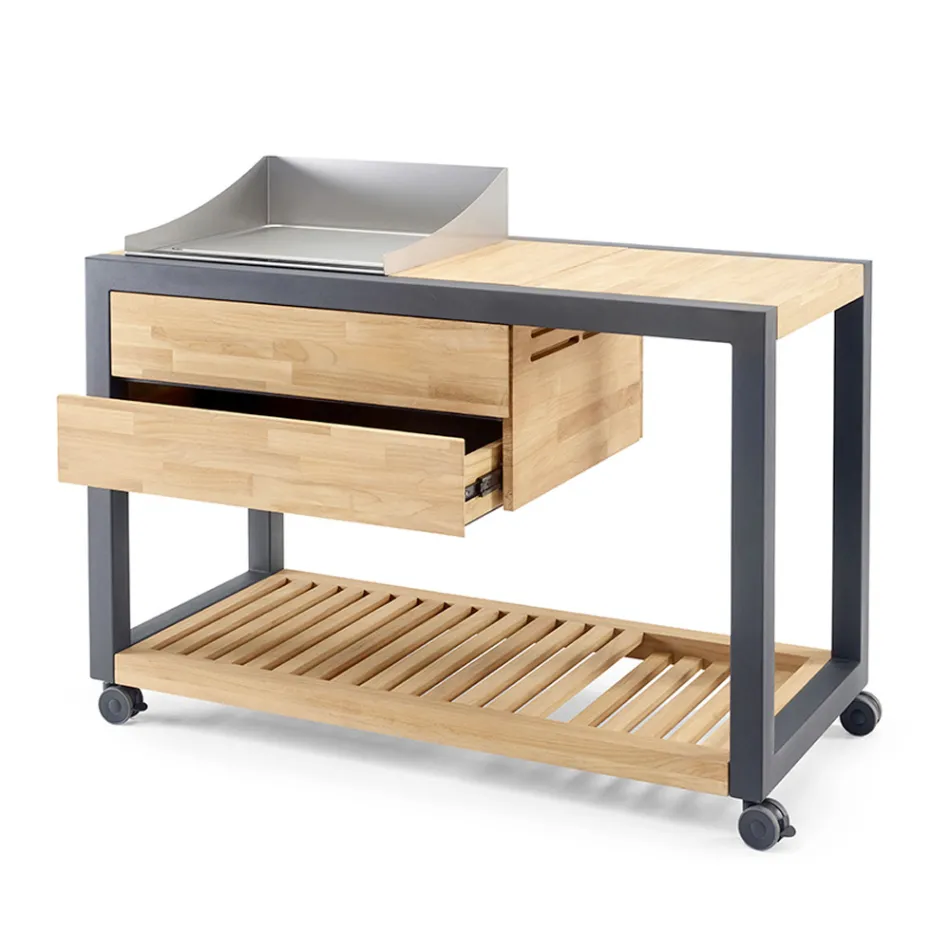 Outdoor-Küche 140x65x93 cm aus massivem Teakholz und Aluminium - Convivial Viadurini