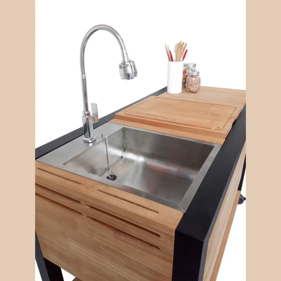 Outdoor-Küche 140x65x93 cm aus massivem Teakholz und Aluminium - Convivial Viadurini