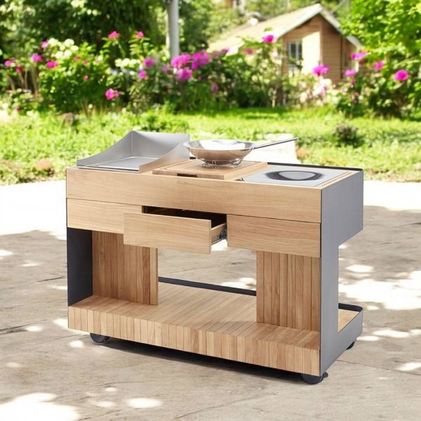 Outdoor-küche 141x70x93 cm aus massivem teakholz und aluminium - stilosa