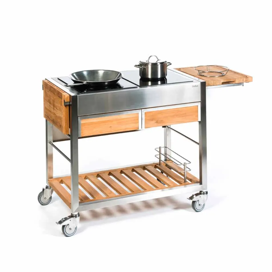 Moderne Gartenküche im Freien auf Holz- und Stahlrädern - Buoncalliope Viadurini