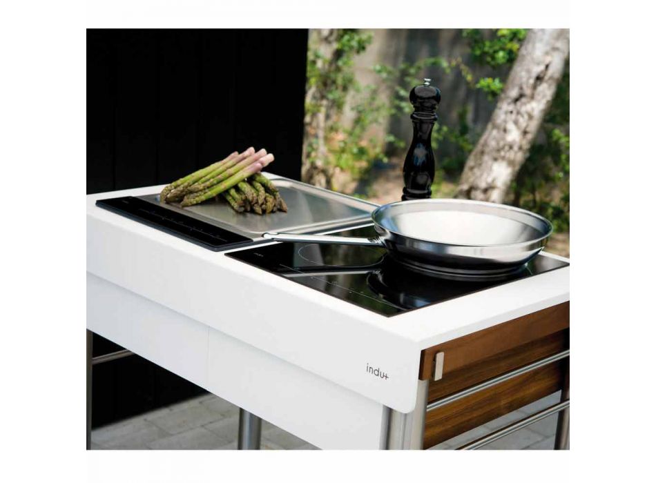Moderne Küche auf Rädern für Garten im Freien in Holz und Stahl - Calliope Viadurini