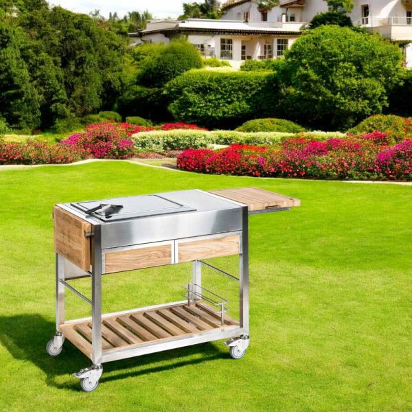 Außenküche auf rädern aus stahl und holz mit teppanyaki - buoncalliope