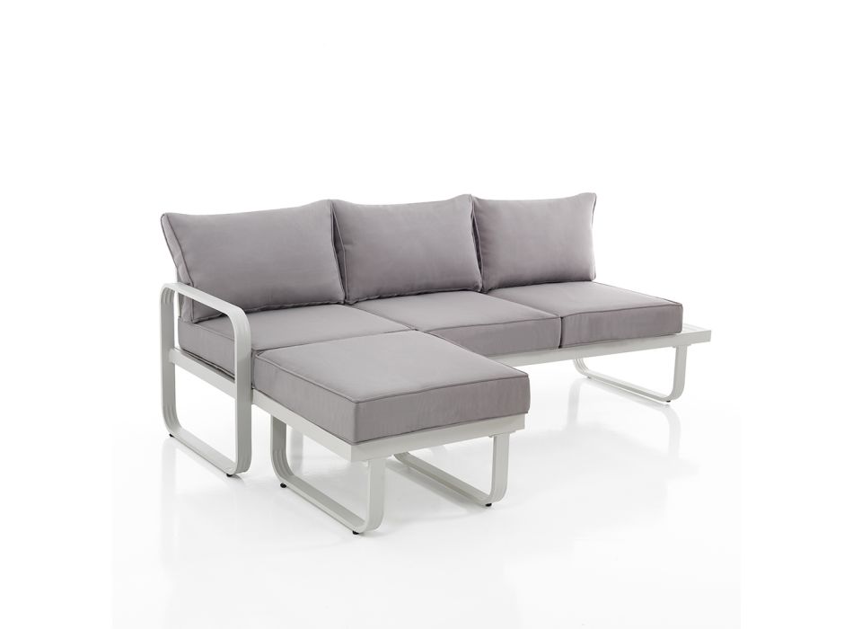 3-Sitzer-Sofa mit Aluminium-Gartenhocker und grauen Kissen – Avoir Viadurini