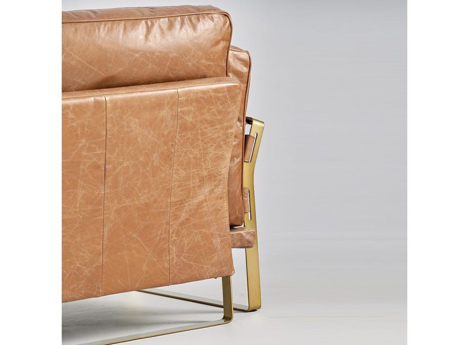 3-Sitzer-Wohnzimmersofa aus cognacfarbenem Echtleder und Metallgestell – Zeder Viadurini