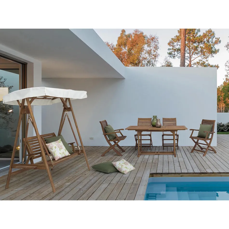 2-Sitzer-Schaukelsofa aus Akazienholz mit weißer Leinwand - Roxen Viadurini