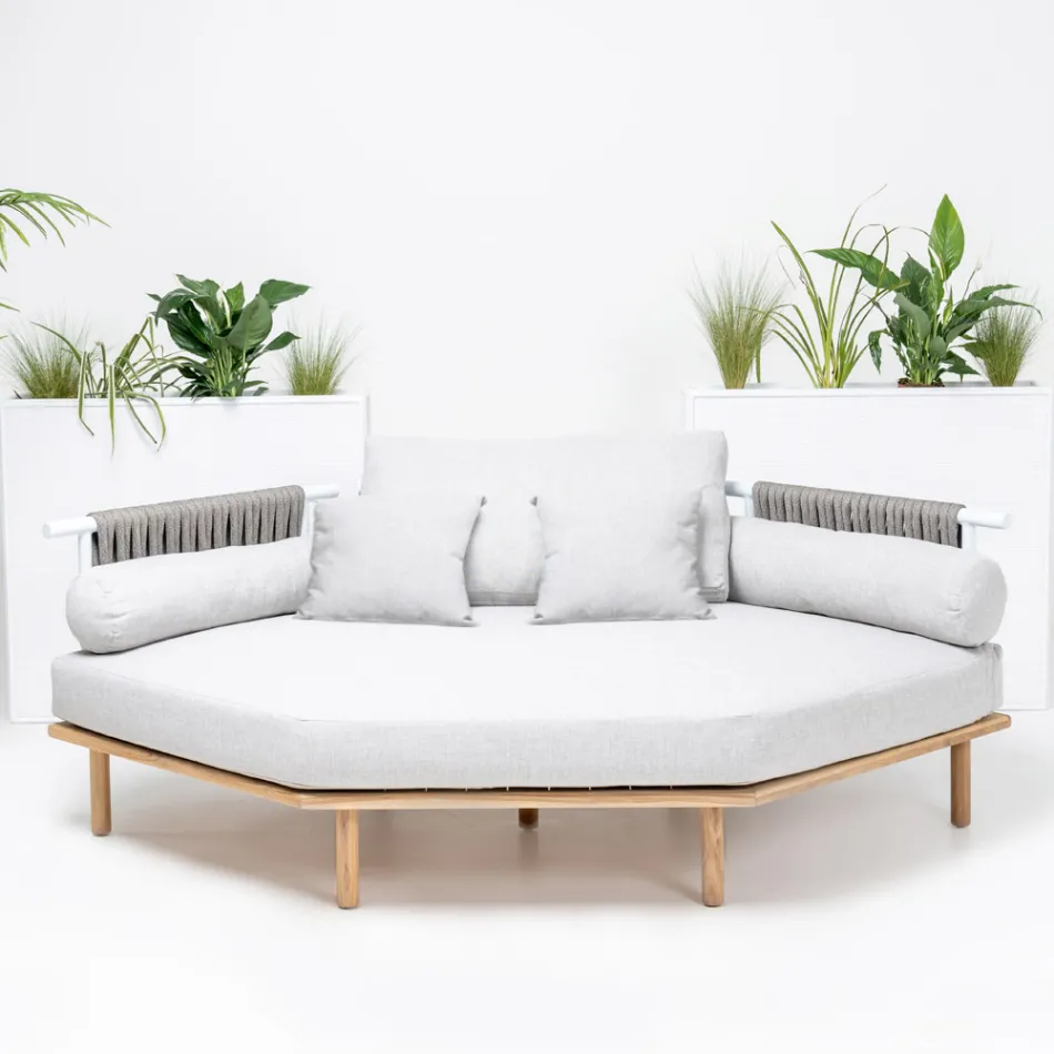 Sechseckiges Garten-Ecksofa aus Teak und Seil - Bellatrix Viadurini
