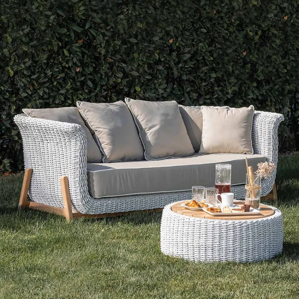 3-Sitzer-Gartensofa aus Teakholz und Seilgeflecht - Arjuna Viadurini