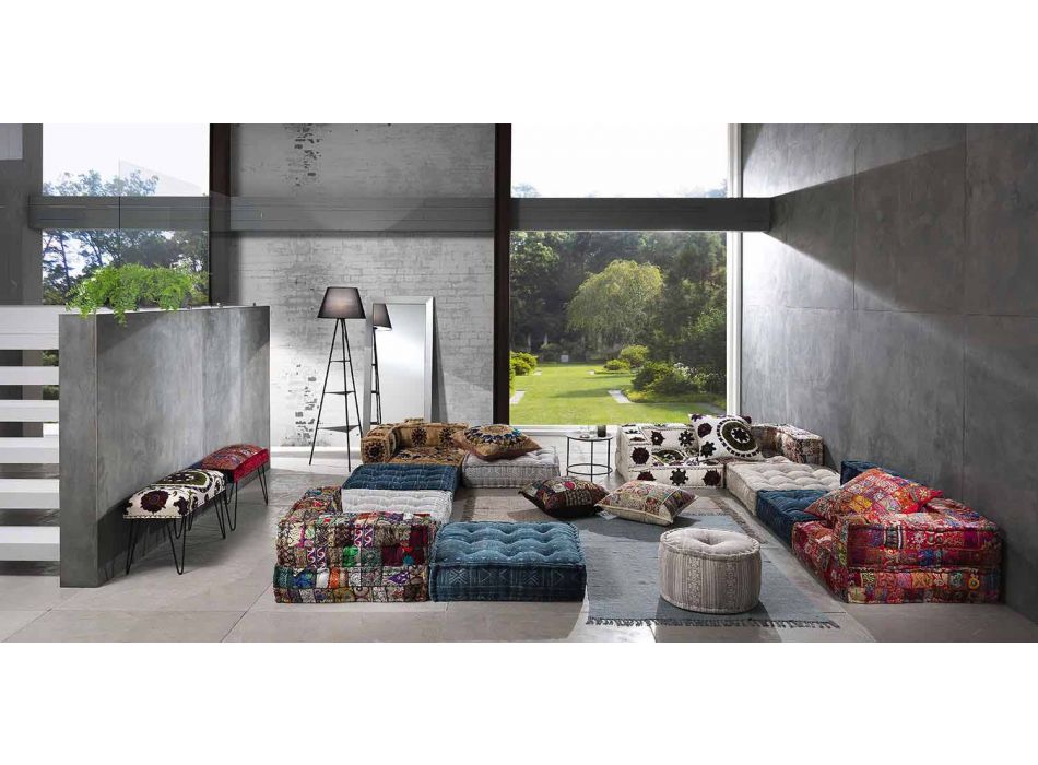 Zweisitzer-Sofa, bezogen mit Ethno-Design. Farbiger Stoff - Faser Viadurini