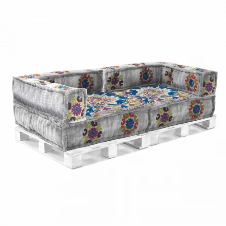 Gepolstertes Zweisitzer-Ethnosofa aus Patchworkstoff und Holzfaser Viadurini