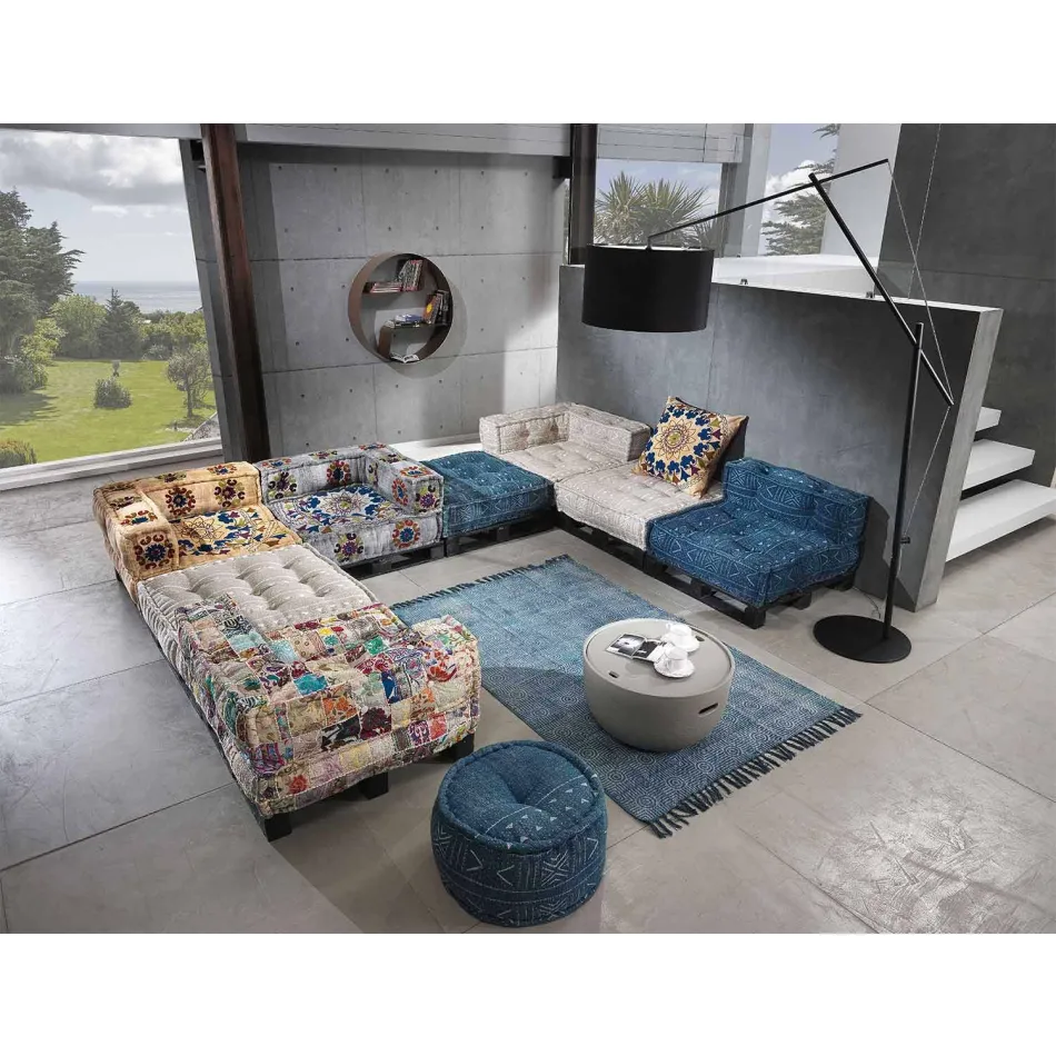 Gepolstertes Zweisitzer-Ethnosofa aus Patchworkstoff und Holzfaser Viadurini