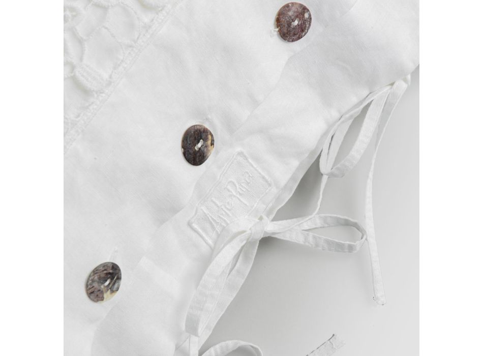 Weißer Leinenkissenbezug mit Tropfenspitze, Knöpfen und Kissenbändern – Malone Viadurini