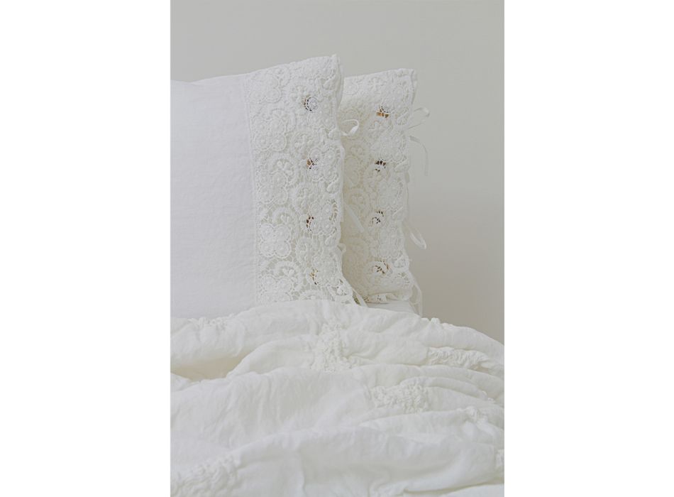 Leinen Kissenbezug mit weißer Spitze für Luxus Design Bett Made in Italy - Kiss