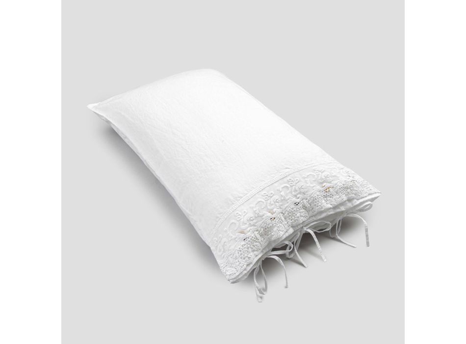 Leinen Kissenbezug mit weißer Spitze für Luxus Design Bett Made in Italy - Kiss