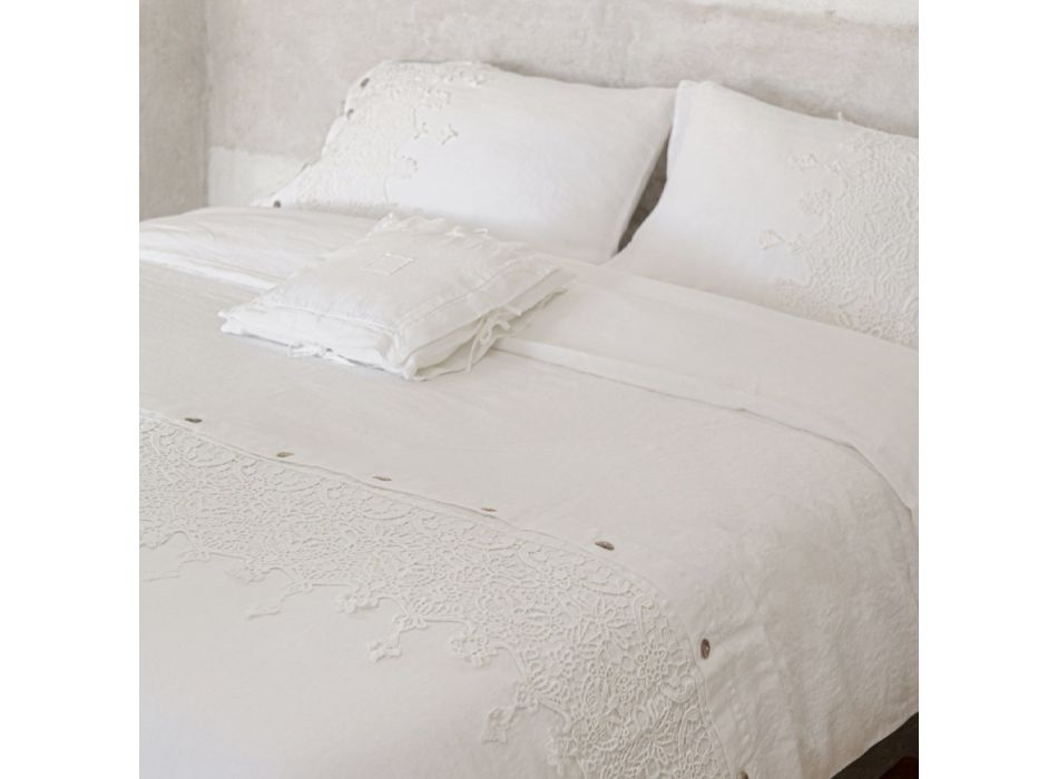 Quadratischer Kissenbezug aus weißem schwerem Leinen und Spitzen, hergestellt in Italien – Matero Viadurini