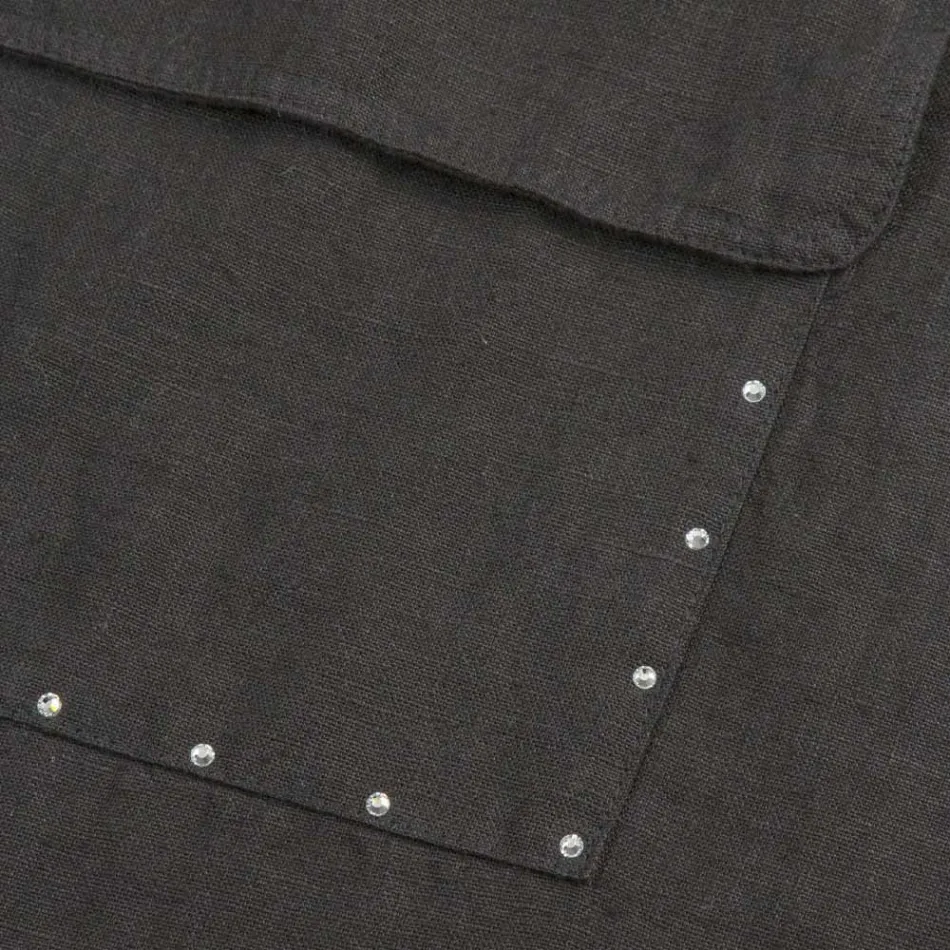 Schwarze Küchenschürze aus Leinen mit Kristallen, niedriges Modell mit Tasche – Click Viadurini