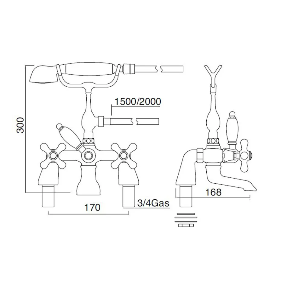 Klassische Badewannenrandgruppe mit Handbrause aus Messing Made in Italy - Ercolina Viadurini