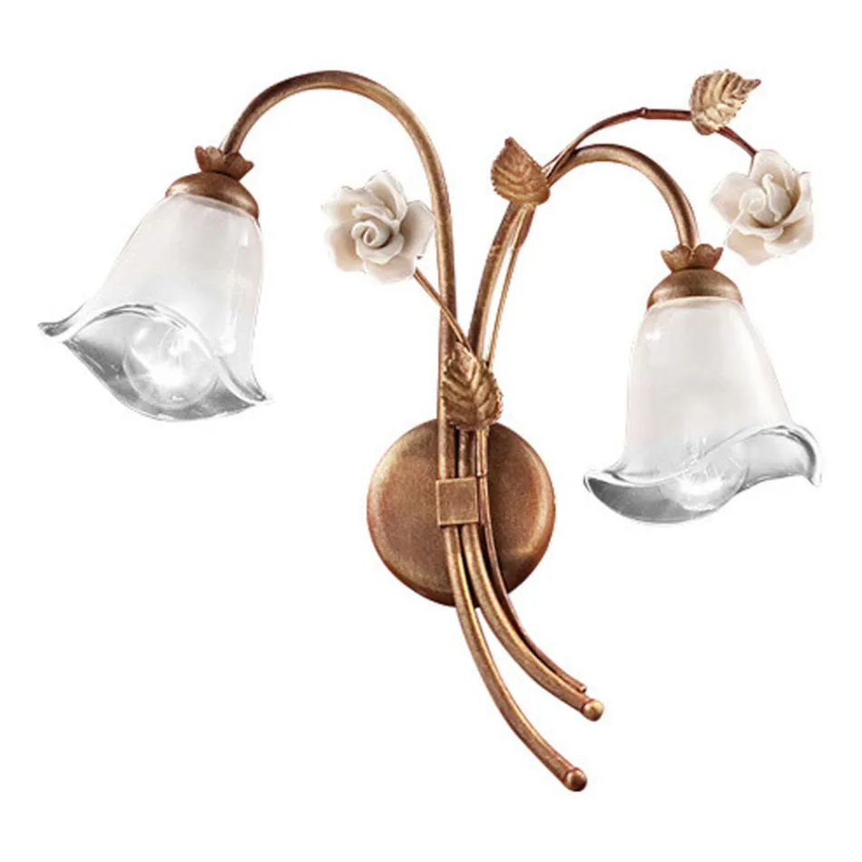 Wandleuchte 2 Leuchten aus Eisen und Glas mit Rose aus Keramik - Siena Viadurini