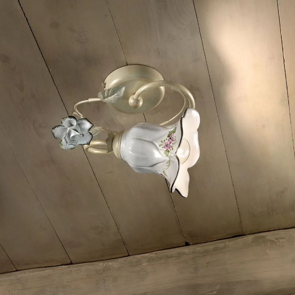 Deckenlampe aus Metall und Keramik mit handgemalter Rose - Pisa Viadurini