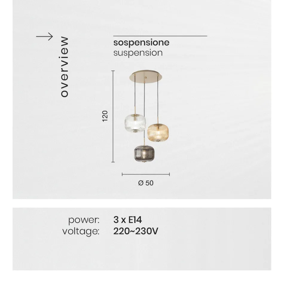 Pendelleuchte 3 Lichter aus farbigem mundgeblasenem Glas und Metall - Trissa Viadurini