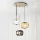 Pendelleuchte 3 Lichter aus farbigem mundgeblasenem Glas und Metall - Trissa Viadurini