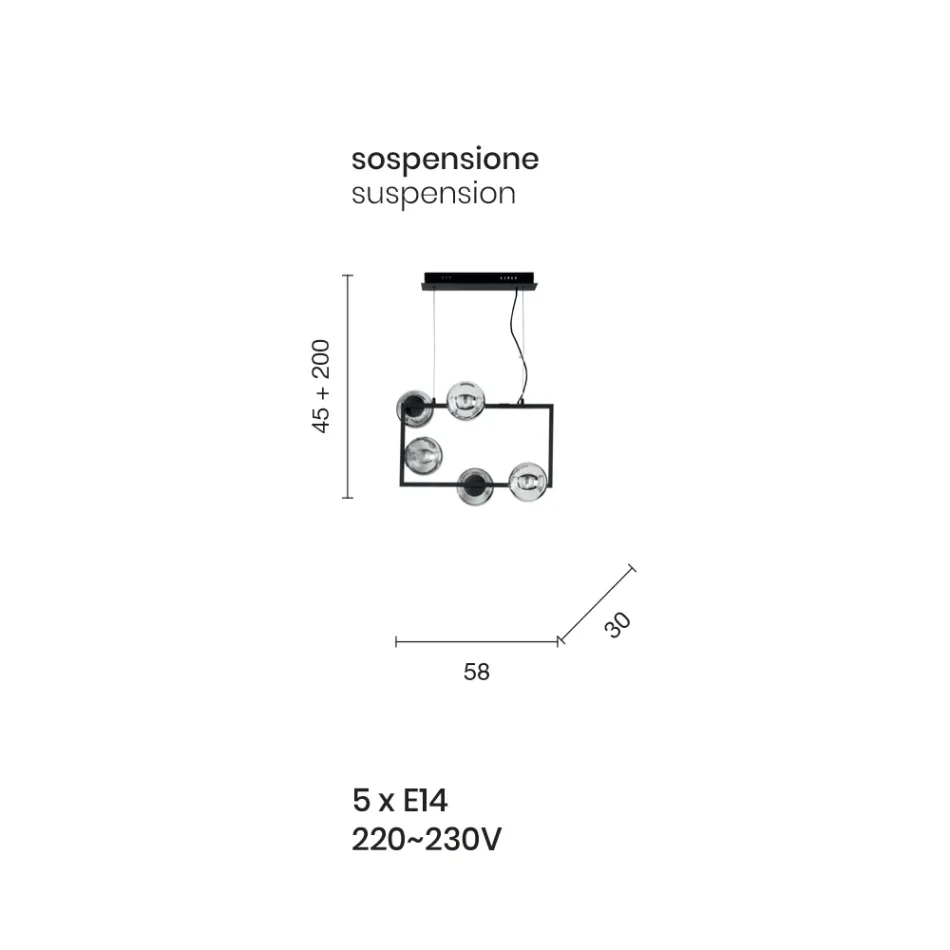 Pendelleuchte mit 5 Lichtern aus Metall und modernem mundgeblasenem Glas - Birga Viadurini