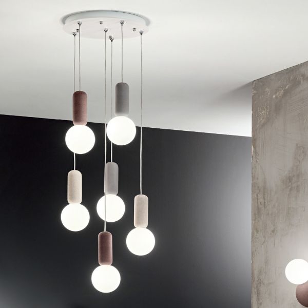 Pendelleuchte mit 6 oder 10 lichtern aus zement und mundgeblasenem glas - duster