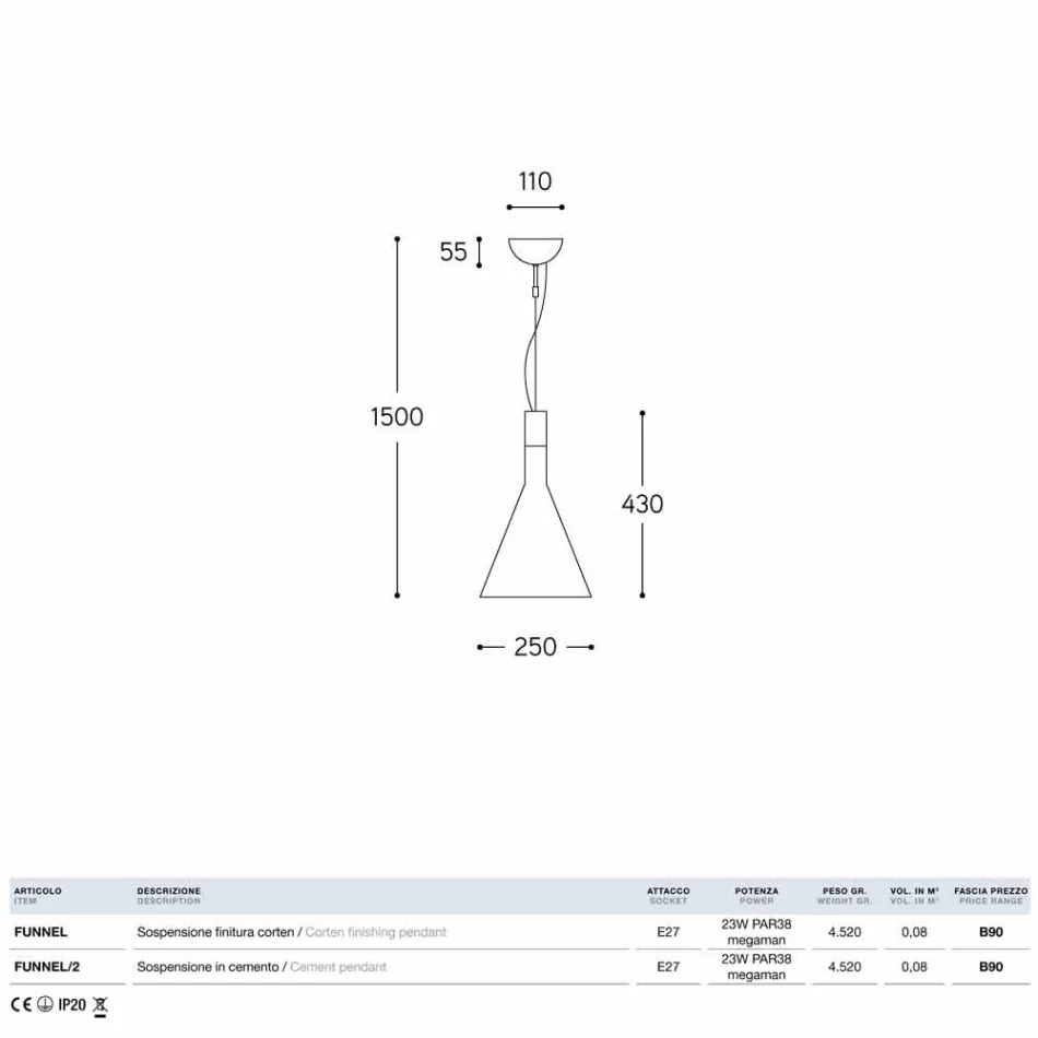 Lampe Zementsuspension Funnel Aldo Bernardi Viadurini