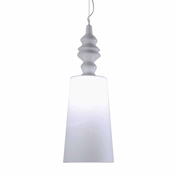 Hängelampe in weiß keramik lampenschirm in leinen long design - cadabra